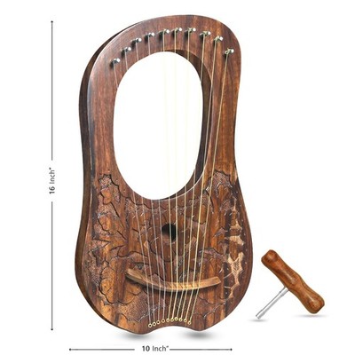 10 String Lyre Harp Solid Wood Engraved Floral Design w/ Tuning Key & Carry Bag
