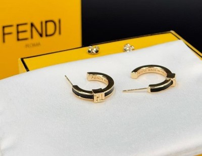 Fendi FF Logo Hoop Earrings Gold Tone Black Enamel Women Fashion Jewelry Boxed