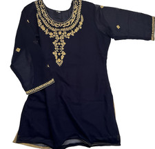 Blue Kurta Gold Embroidery Long Sleeve Indian Pakistani Tunic for Women