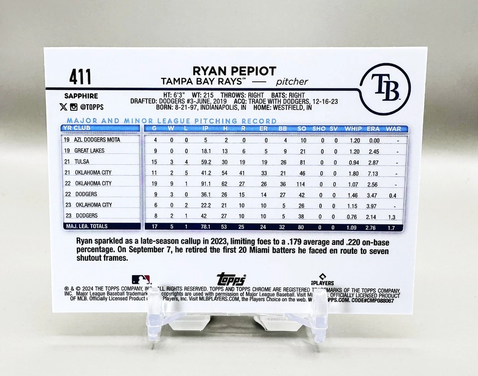 2024 Topps Chrome Sapphire Baseball #411 (Gold)  RYAN PEPIOT  [23/50] - Image 2 of 2