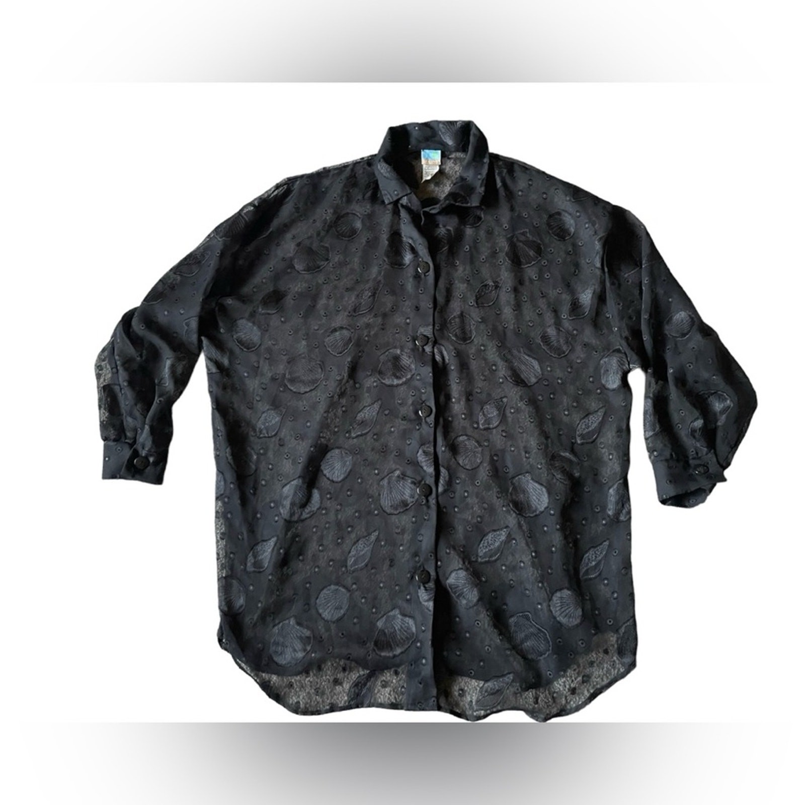 Sheer Black Seashell Womens Shirt/Coverup Size XL Coastal Goth Flowy Beach Dark