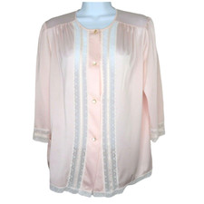 Vintage 70s Nylon Pajama Top Pink Lace Accent 3/4 Sleeve Bed Jacket Modest Small