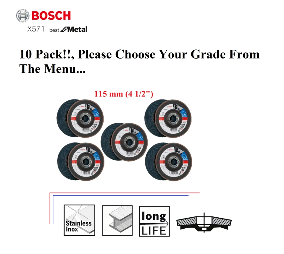 Bosch Flap Discs 115mm Angle Grinder Abrasive Metalworking Sanding Pad 10 Pack