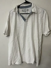 PD & C - Mens SHIRT Large Cotton Pullover V-Neck Blue Chambray White Quality