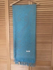 Pashmina Scarf. Large Shawl,Head Cover, Wrap. Blue Flower Pattern. 23 X 72 Inch