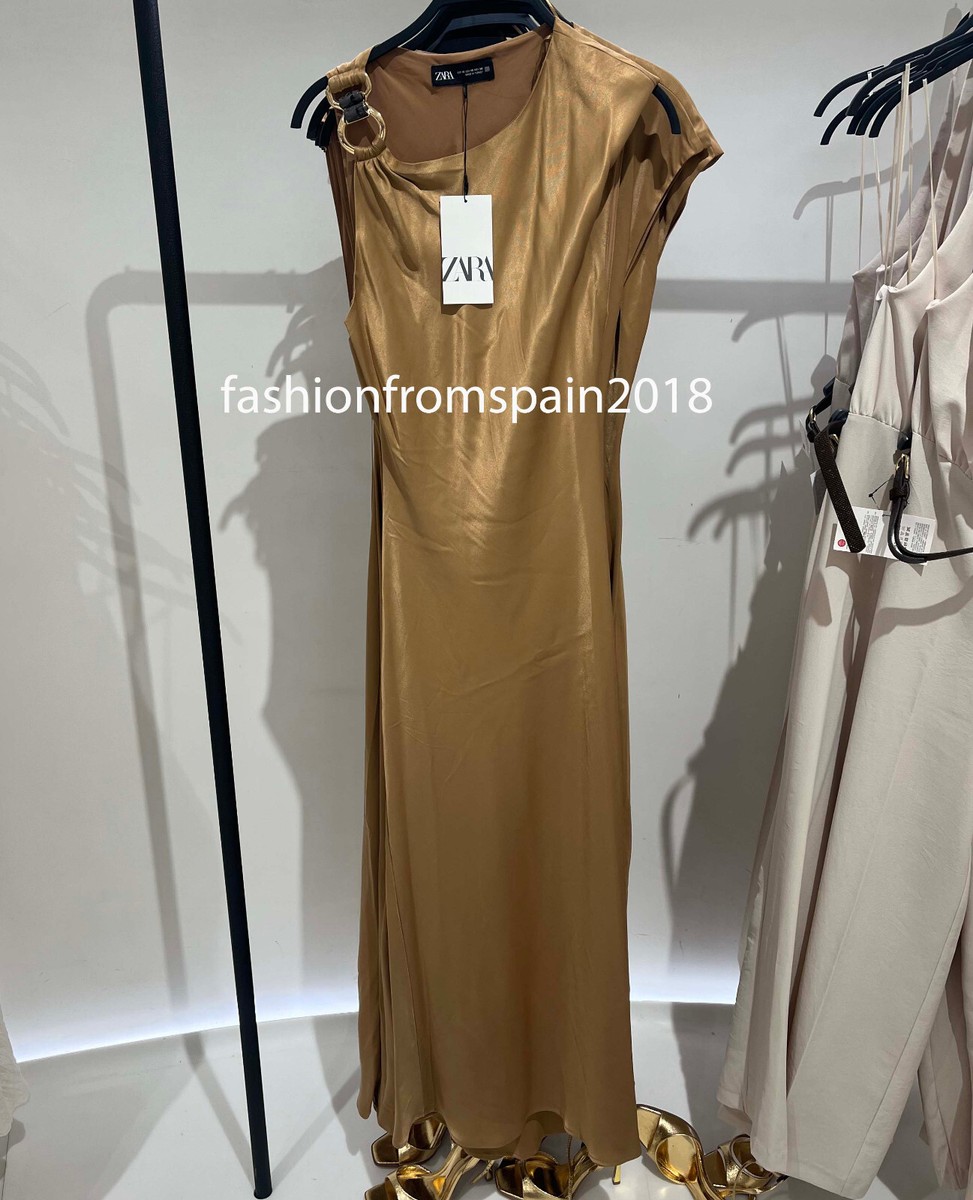ZARA NEW WOMAN ASYMMETRIC SATIN MIDI DRESS GOLD APPLIQUÉ