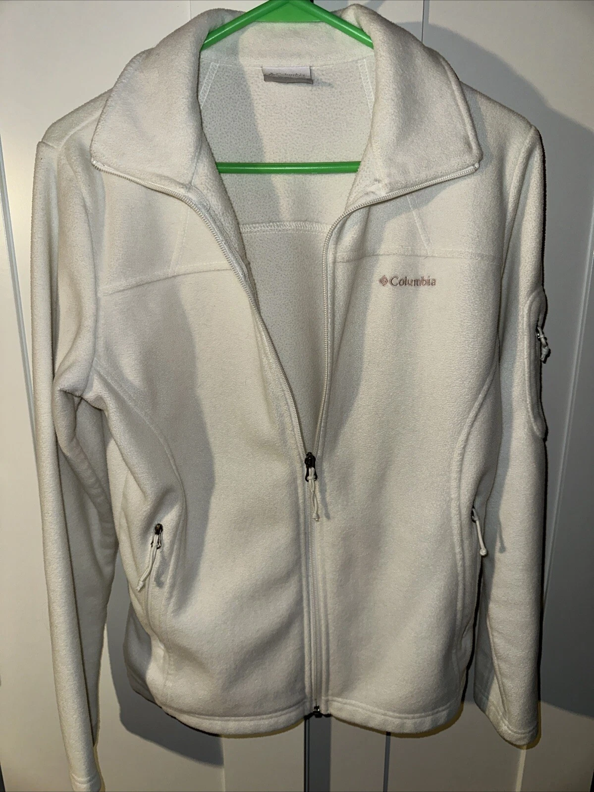 OFF WHITE Giacca pile Columbia bianco sporco zip intera 3 tasche logo colletto taglia media