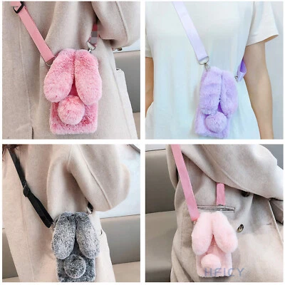 HFICY Faux Fluffy Plush Bunny Shockproof Warm Phone Case W/ Lanyard for Samsung Galaxy