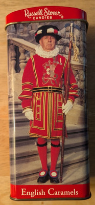 Russell Stover Candies English Caramels Red Tin Canister / Bank  (Beefeater)