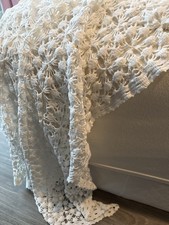 Vintage Handmade Crochet Lace Bedspread Full White Floral Cottage Coverlet