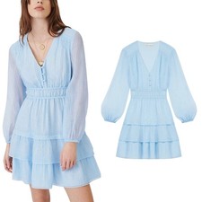 Maje Crinkle-effect Voile Dress With Ruffles Light Blue Medium Cottagecore 