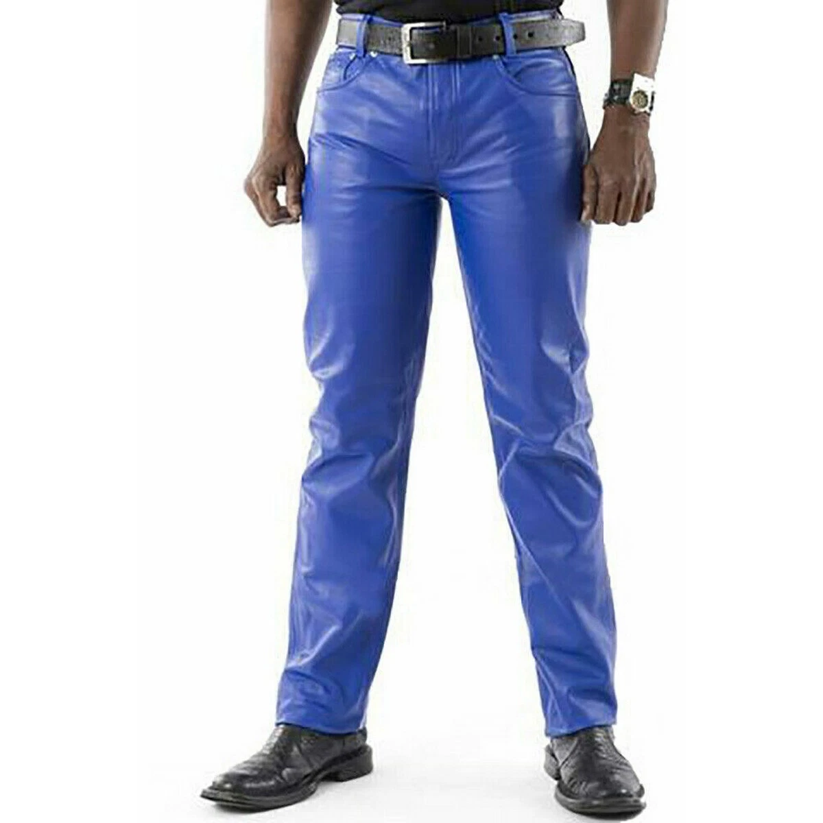 Blue Leather Men's 100% Genuine Real Sheepskin Slim Fit Biker Pant