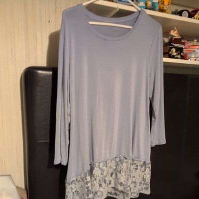 LOGO Lounge Lori Goldstein light blue Tunic Top lace hem   size  XL
