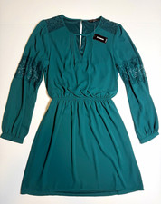 NWT Express Emerald Green Floral Lace Keyhole Long Sleeve Mini Dress XS