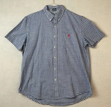 US Polo Assn Shirt Mens XL Blue White Plaid Short Sleeves Button Up Down Stretch