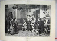Original Old Antique Print 1874 Children Singing For Bread Dog People Victorian