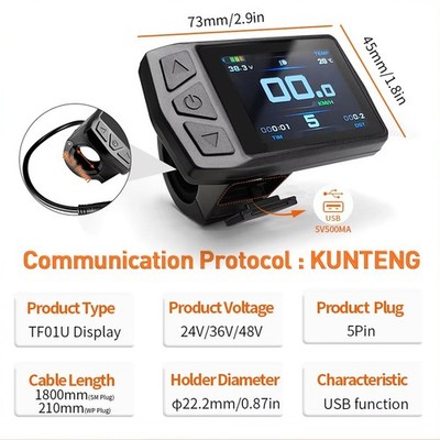E-bike KT-TF01U Display w/USB interface 24V 36V 48V for KT Controller SM/WP ACUS