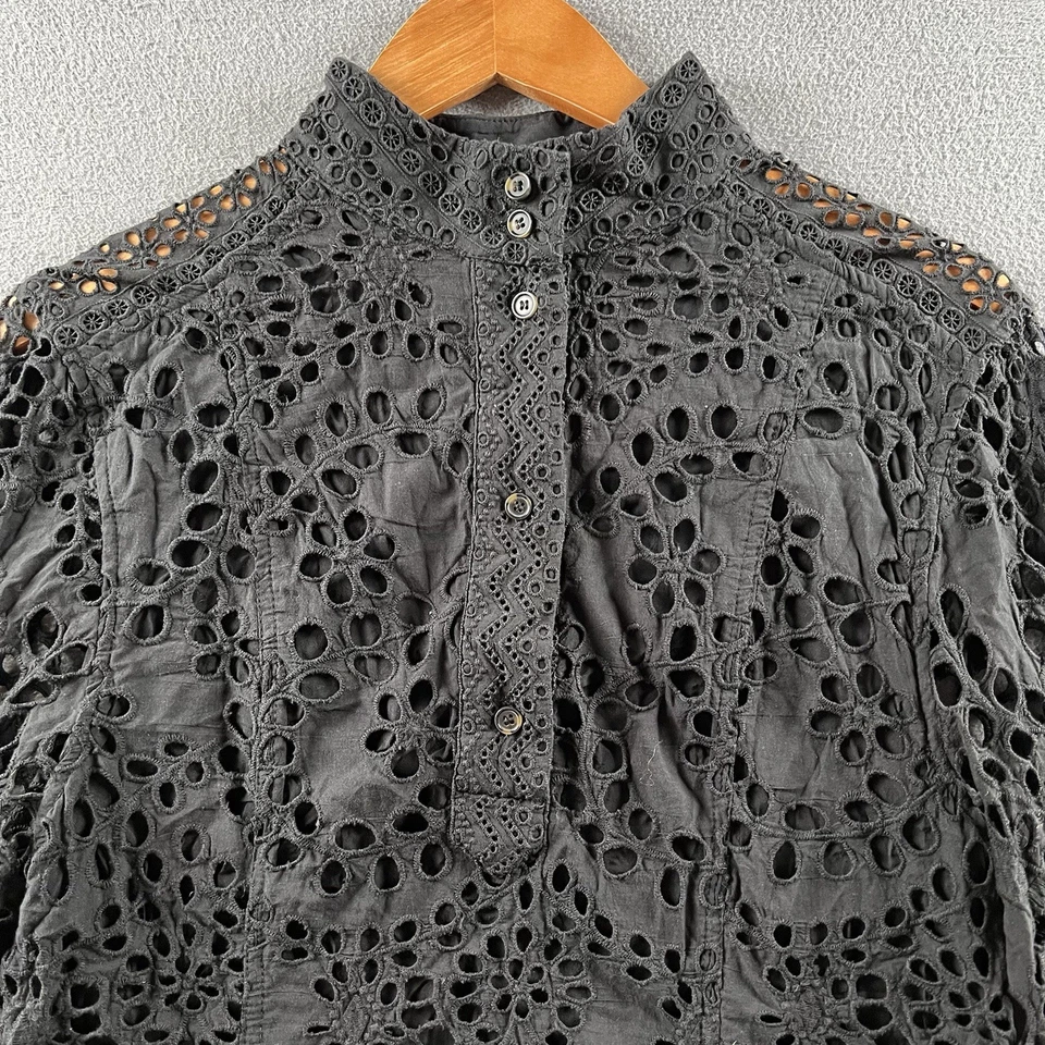 H&M Mini Dress S Black Broderie Anglaise Lace High Collar Cutwork Victorian Boho - Image 2 of 4