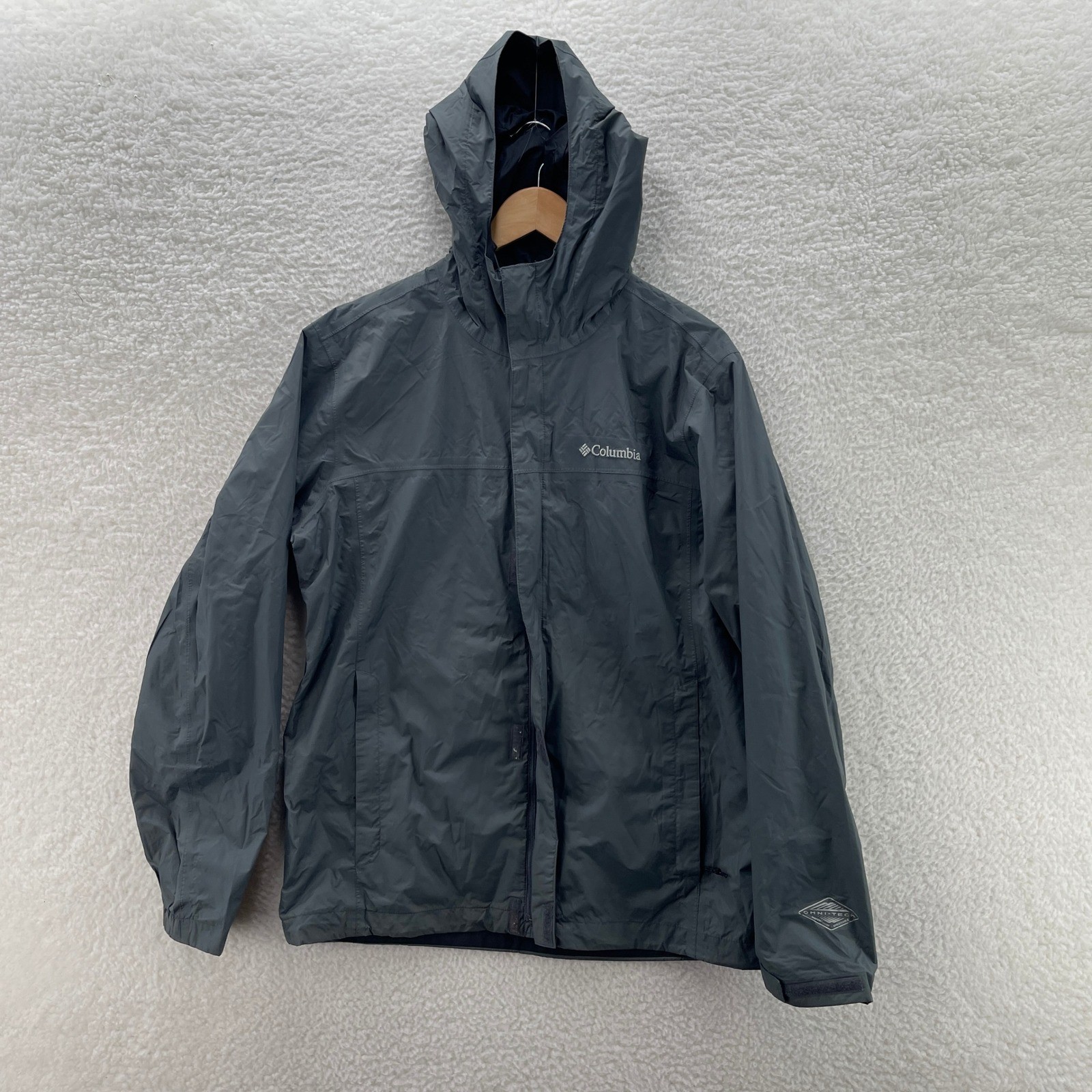 Columbia Rain Jacket Mens Medium Gray Omni-Tech Hooded Waterproof Hiking Gorp
