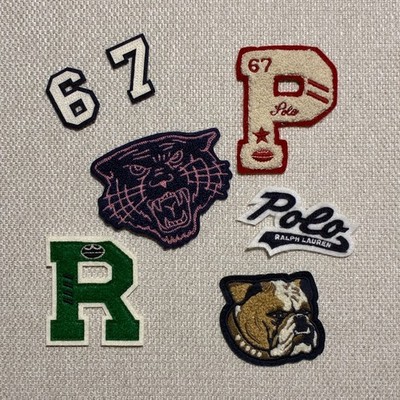 LOT of 7 Vintage PRL Ralph NY Patches: Chenille Tiger Bulldog Face Varsity PR