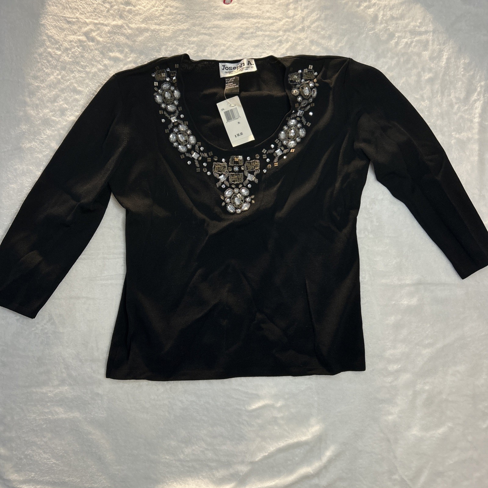 Joseph A Sweater Womens XL Black Embellished Jewel Neckline Cropped Sleeve