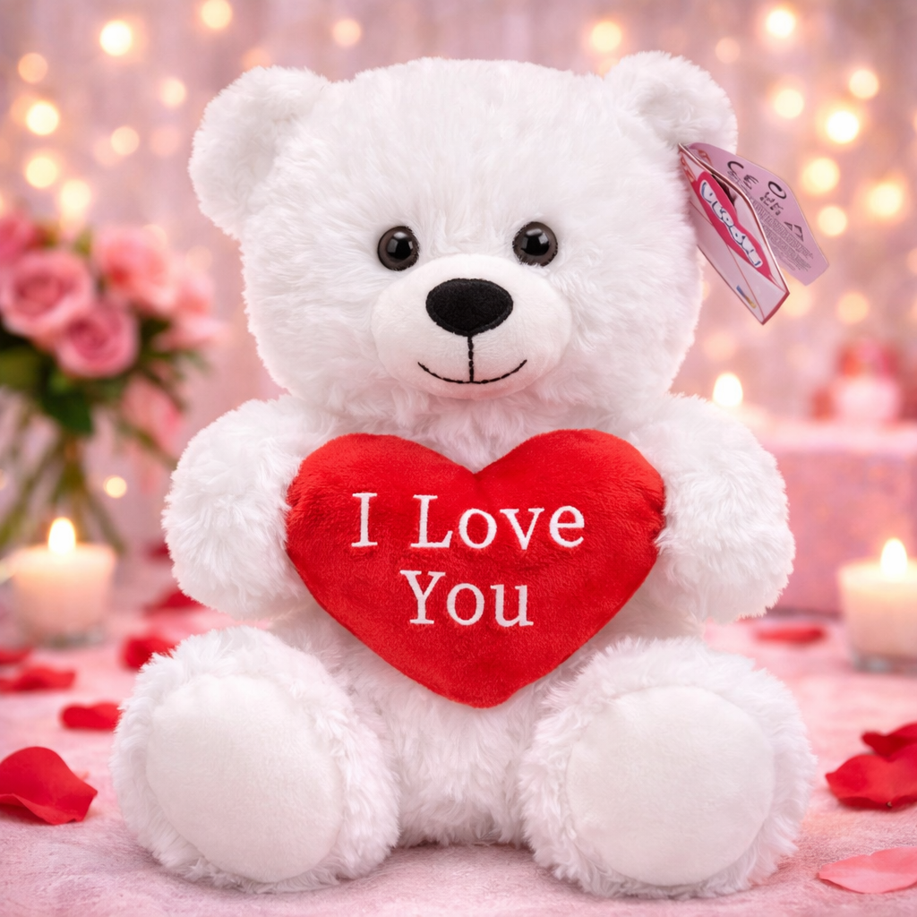 Valentines Day Gift White Cuddly Plush Soft Teddy Bear & I Love You Heart 30cm