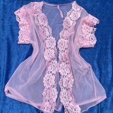 Vintage Pastel Pink Mesh Lace Lingerie Open Front Blouse Size Small Coquette
