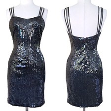 Vintage 90s Black Sequin Sheath Dress Cocktail Prom Size 4 Low Back Mini