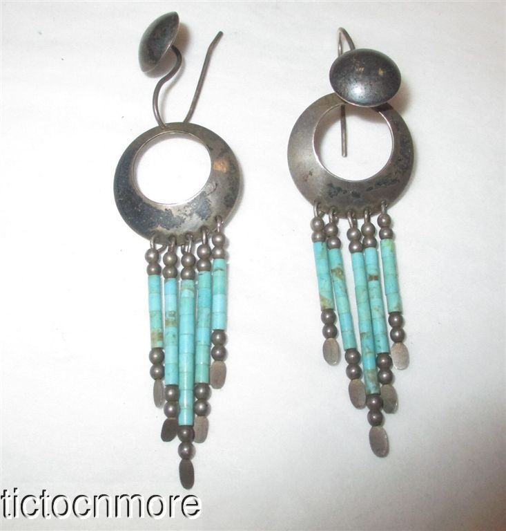VINTAGE ZUNI INDIAN SHIELD STACKED TURQUOISE JINGLE DANGLE EARRINGS STERLING