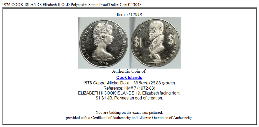 1976 COOK ISLANDS Elizabeth II OLD Polynesian Statue Proof