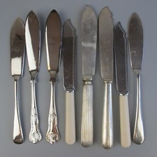 Vintage Fish Knives. Mixed lot of eight. Silver plate, steal, faux bone. 8"-8.5"