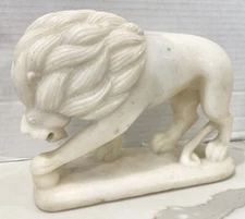 Carved Lion Marble Statue White Lion W Front Paw On Ball  Bookend Desk Display