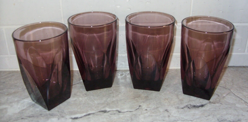 Hazel Atlas MCM 4 Moroccan Amethyst Purple Colony 12 Oz Flat Tumblers Glasses