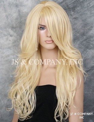 Long Loose wavy Full Human Hair Blend wig bangs Heat Safe Skin Blonde wnta 613