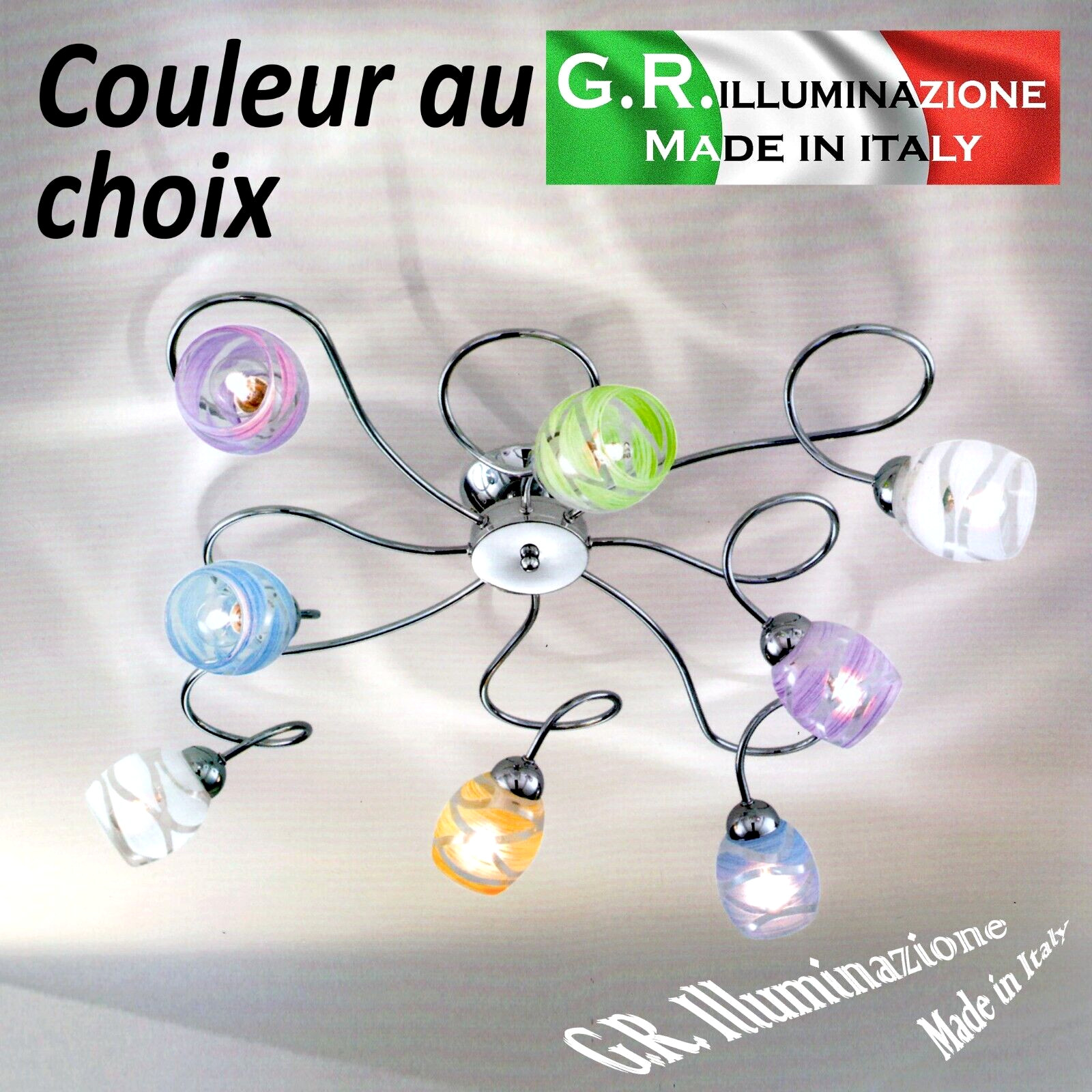 Plafonnier moderne chromé MIA à 8 lumières et globes en verre coloré pour séjour