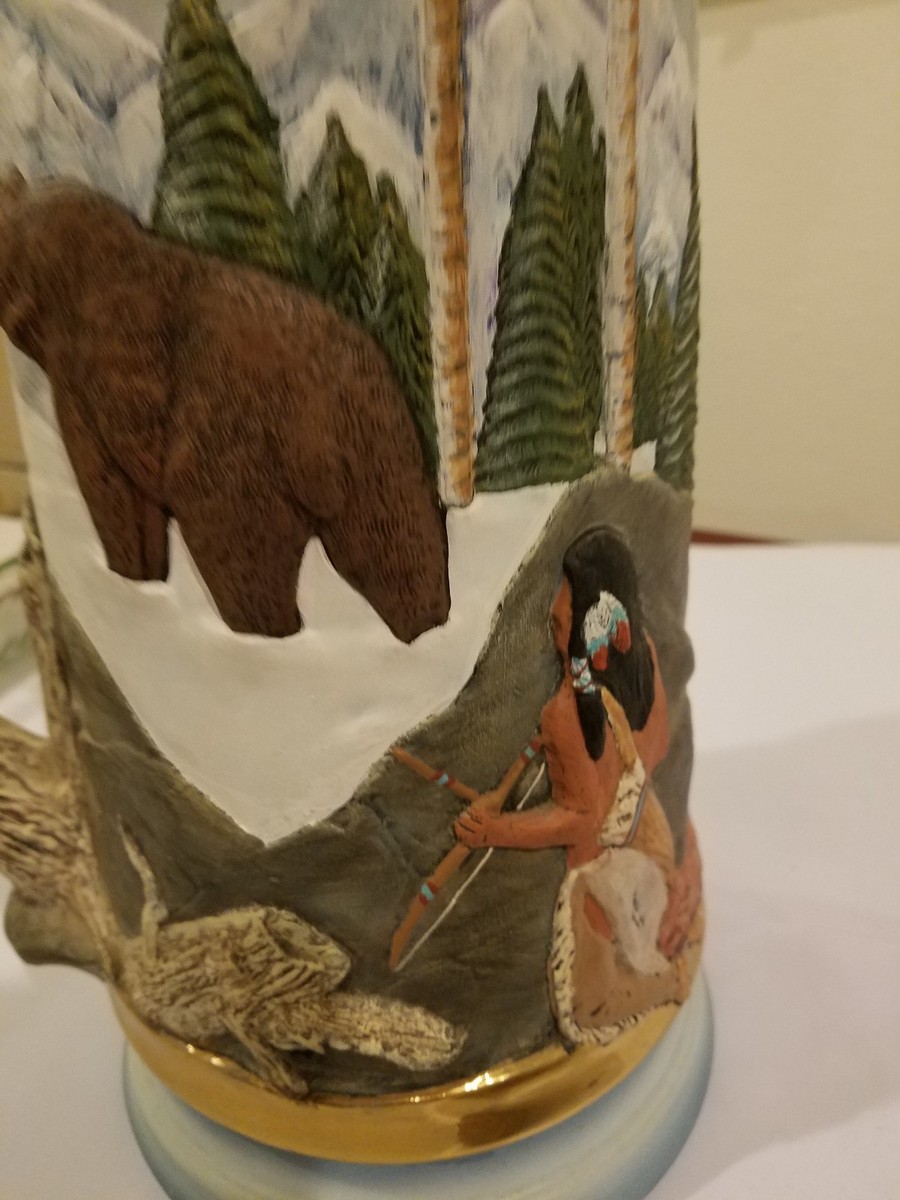 Big Indian/ Native American Beer Stein, Mug. Sculptured Pottery W