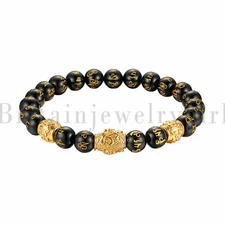 8MM Men Retro Six Words Sanskrit Buddha Bead Bracelet Black Agate Crystal
