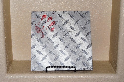 Faux Silver Metal Diamond Plate 3D Flagstone Industrial Art Painting By Artist - Picture 11 of 12