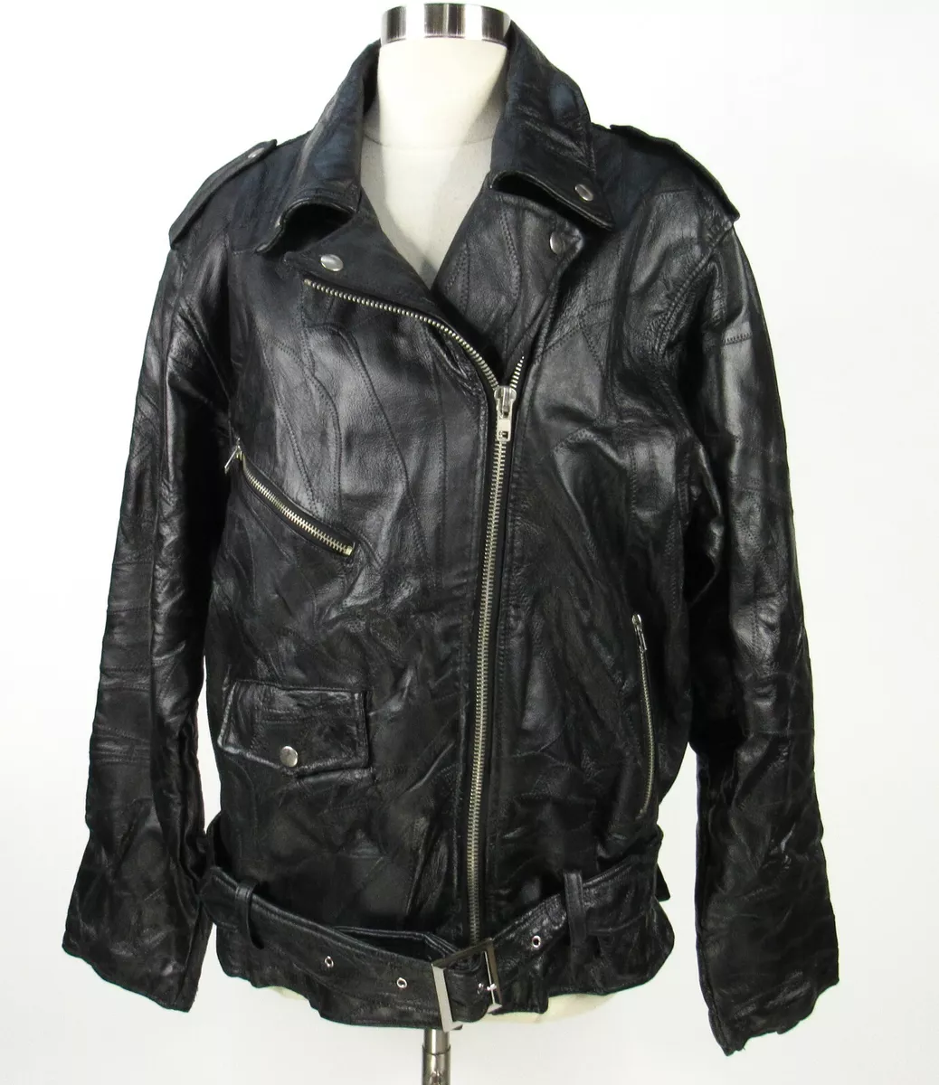 Vintage Flight Path Black Pieced Leather Biker Jacket Mens M NWT Zips Belt Moto