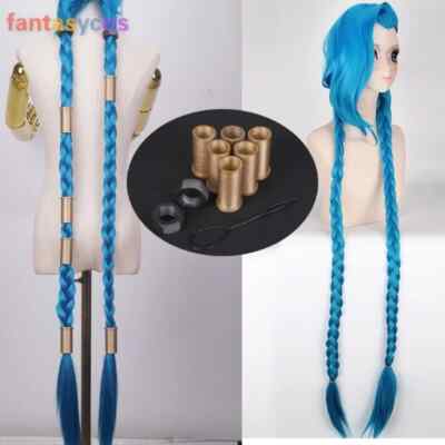 LOL Jinx Cosplay Wig Hairpin Prop Blue Braids The Loose Cannon Synthetic Hair