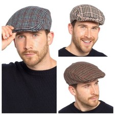 Mens / Ladies Tweed Wool Herringbone Flat Cap Peak Hat with Quilted Lining