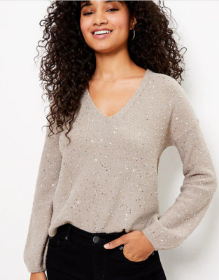 NEW NWT Loft Sequin Double V Sweater Size: XS Color: Taupe Sand Melange