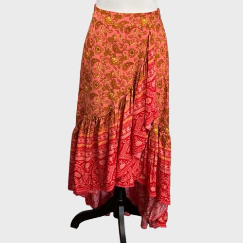 Rusttydustty Womens Asymmetrical Maxi Skirt Size S Faux Wrap Printed Boho NEW
