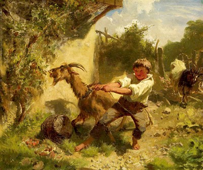 Rudolf Koller ''Knabe mit Ziege in Landschaft, 1858'' Brown Artwork Fine Art