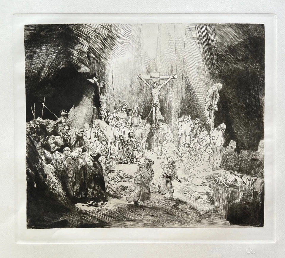 Arte grabado Rembrandt CRISTO CRUCIFICADO ENTRE DOS LADRONES Amand Durand 22" x 24 Foto 4 de 4