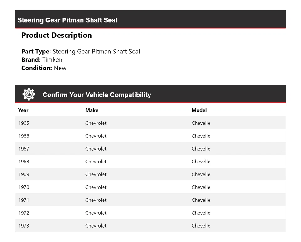 Para Chevrolet Chevelle 1965-1973 engranaje de dirección Pitman eje sello Timken 1966 Foto 2 de 4