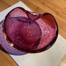 Vintage Murano Glass Cranberry Controlled Bubble Bullicante Bowl Ashtray .