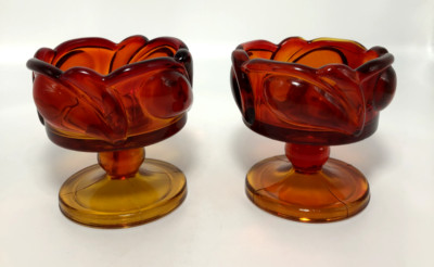 Indiana Glass Tiara Leaf Amberina Colored Candle Holder Set Of 2