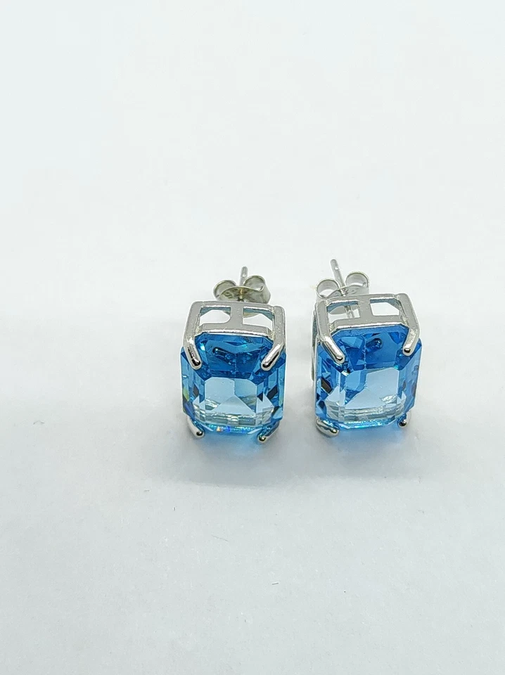 Orecchini Donna in Argento topazio azzurro acquamarina taglio smeraldo - Immagine 2 di 4