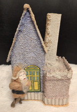 VTG 1920 Japan Purple Putz Christmas House w/Spun Cotton Santa Candy Container